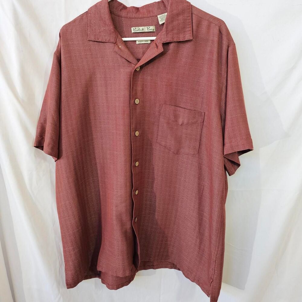#0227 Batik Bay Mens XL Rust Red Textured Short Sleeve Camp Shirt Rayon